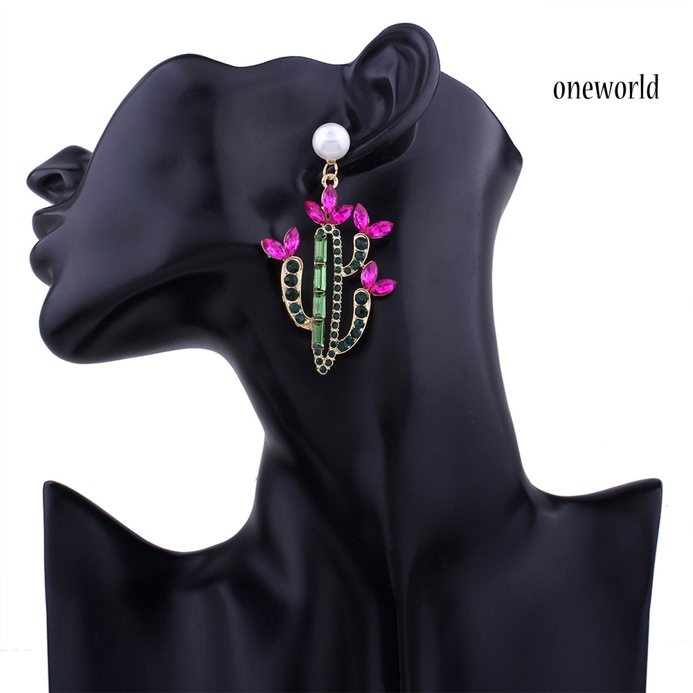 OW@ Women Colorful Rhinestone Cactus Faux Pearl Charm Statement Stud Earrings Gift