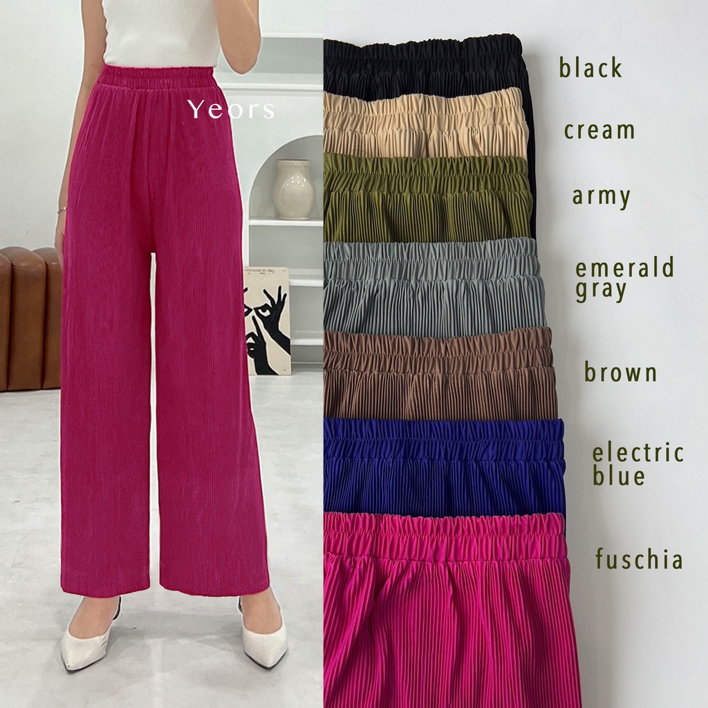 Yeors - Celana Murah Berkualitas Kulot Plisket Lidi Premium - Long Cullote Adelle Pants - Korean Loose Pants Trousers Wanita - Loungewear - Celana Jumbo Perempuan Murah Berkualitas Muat Sampai 90 kg