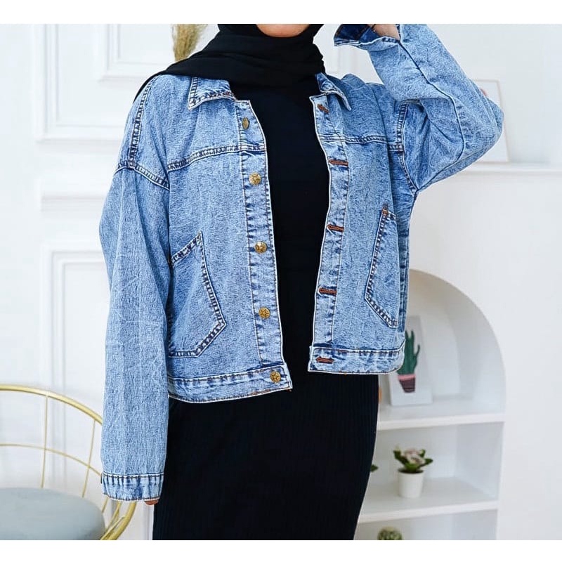 JKFashion - ZFS Jaket Jeans Polos / Vintage Oversize Jacket / Jaket Oversize / Jaket Tangan karet / Jaket Kantong Depan / Jaket Denim / Jaket Jeans Kekinian / Jaket Denim Terbaru / Atasan Wanita Muslimah / Atasan Wanita Hijab / Atasan Wanita Terbaru-5