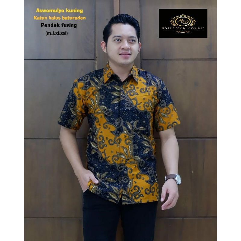 BAJU BATIK PRIA LENGAN PENDEK ASWOMULYO KUNING