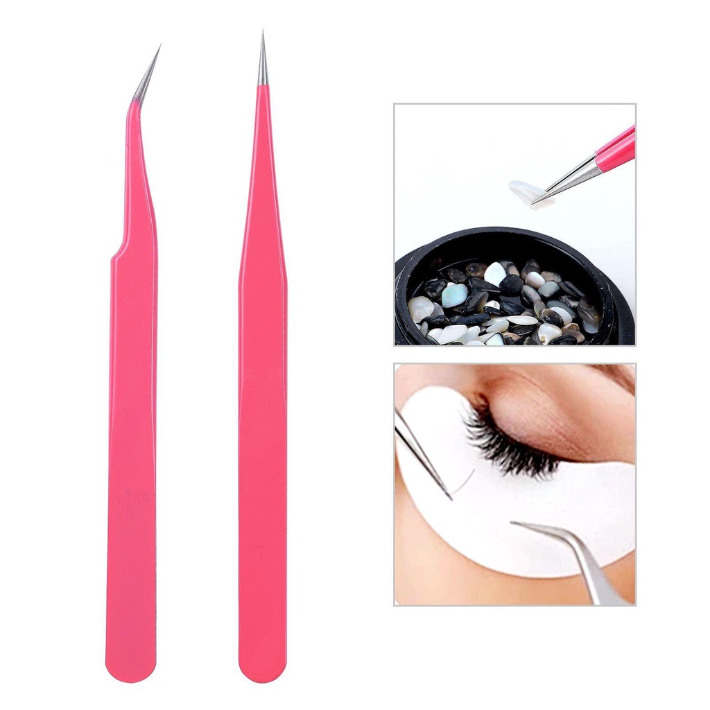 R-flower Eyelash Tweezer Pink Makeup Lurus+Bengkok Penjepit Kristal