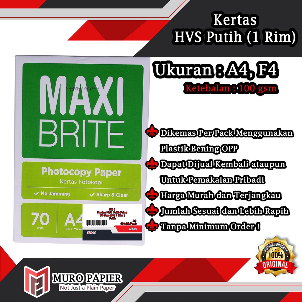 

( PER PAK - ISI 500 ) Kertas HVS Putih Polos 1 RIM 70 gsm F4 A4 - by Muro Papier