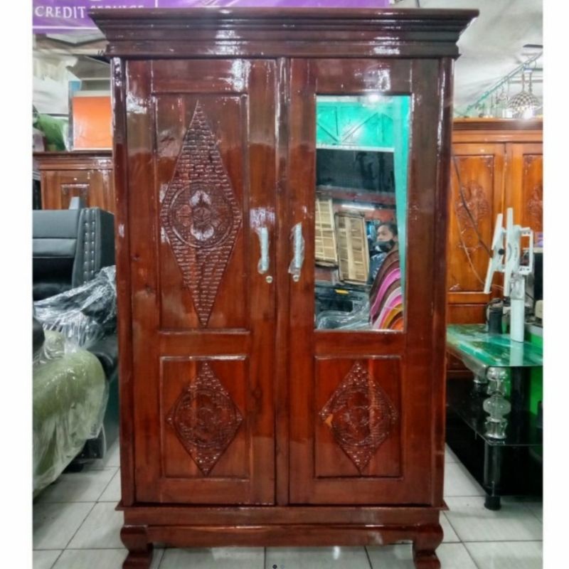 LEMARI JATI CERMIN 2 PINTU 1 GANTUNG 1 AMBALAN LEMARI BAJU LEMARI PAKAIAN LEMARI KAYU JATI CERMIN