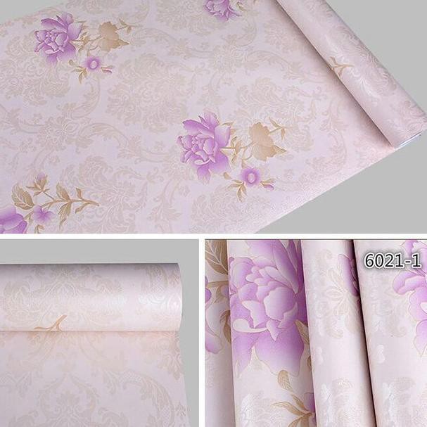 Wallpaper Dinding Murah / Wallpaper Sticker Motif Bunga Ungu Dasar Pink 45cm x 9-10m