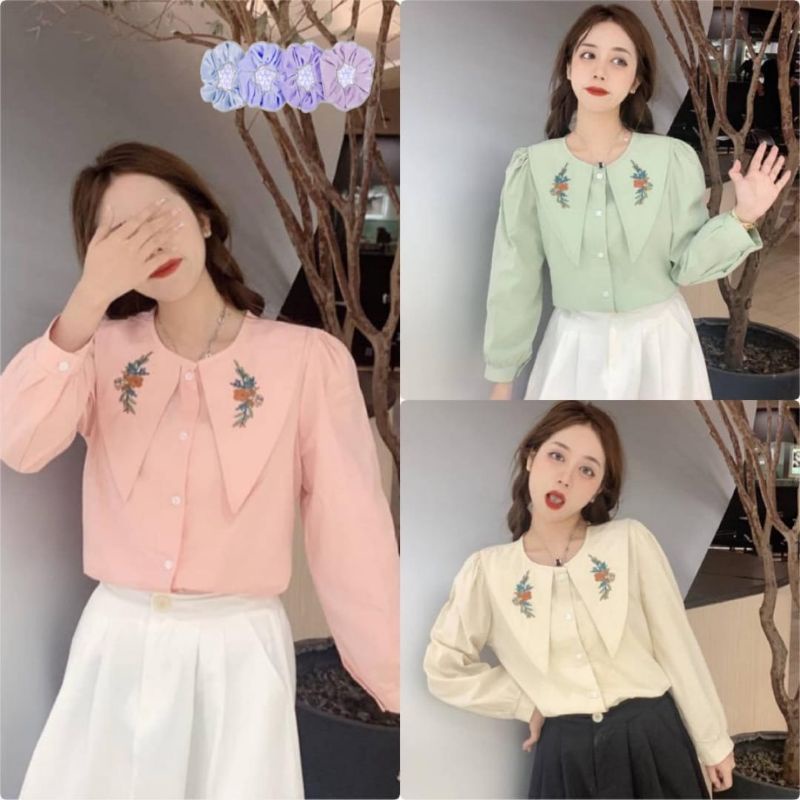 KEMEJA POLOS KERAH BORDIR BUNGA