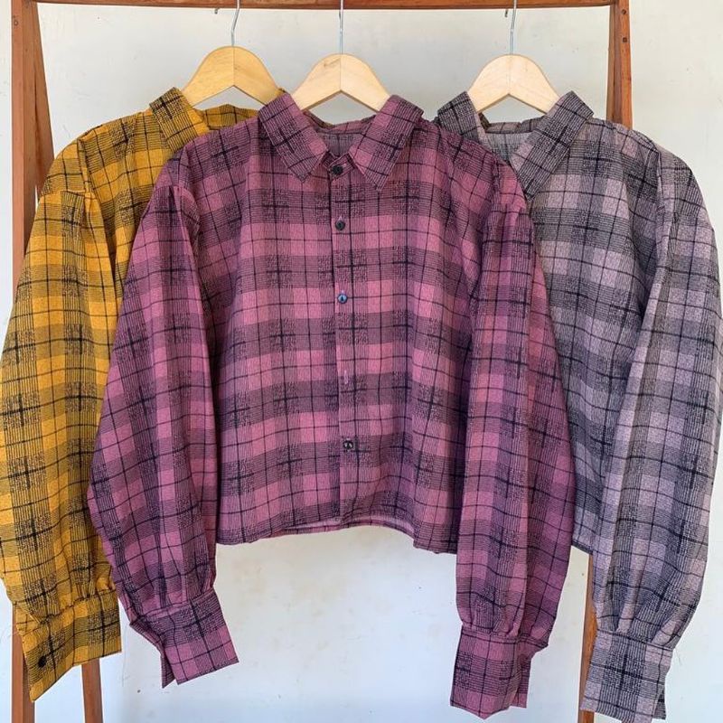 Kemeja wanita casual lengan balon /oversize shirt Tartan crop/kemeja crop kotak oversize-4