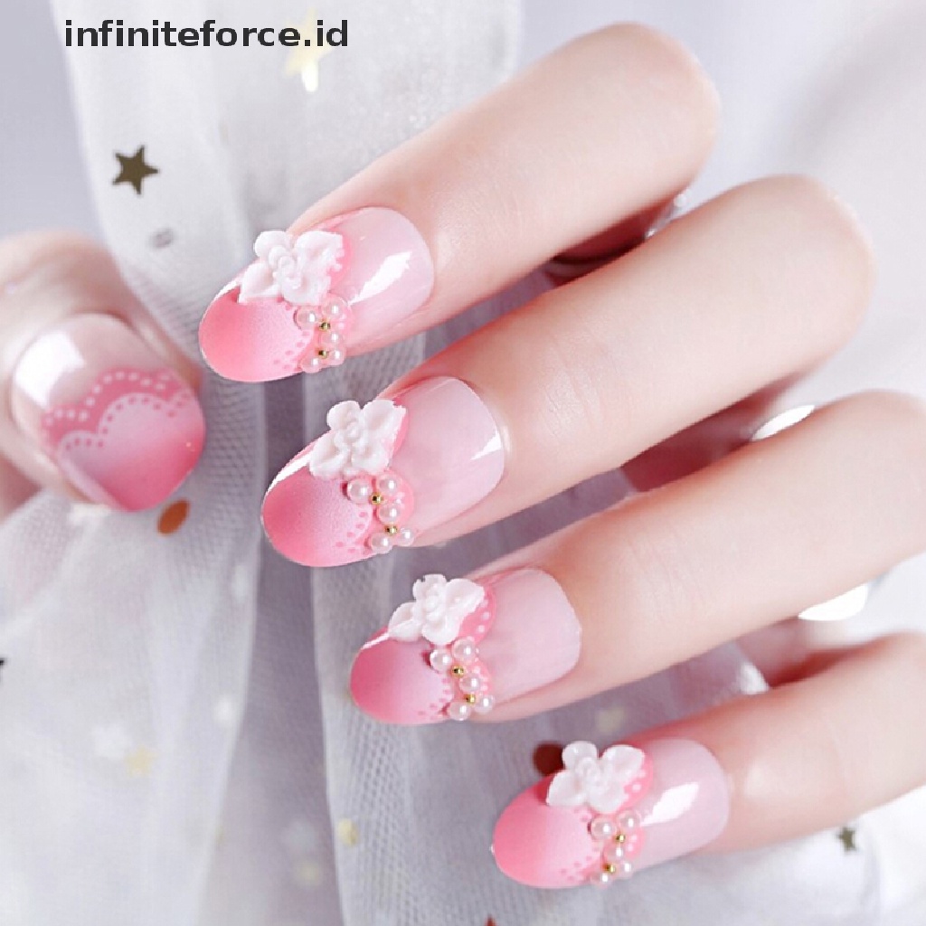 (Infiniteforce.Id) 24pcs / set Kuku Palsu 3d Hias Berlian Imitasi Warna Pink Untuk Pengantin Wanita