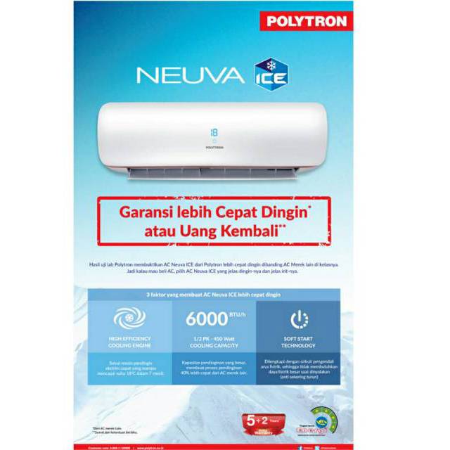 AC POLYTRON 1/2 PK NEUVA ICE PAC + PASANG + INSTALASI SPLIT GARANSI RESMI