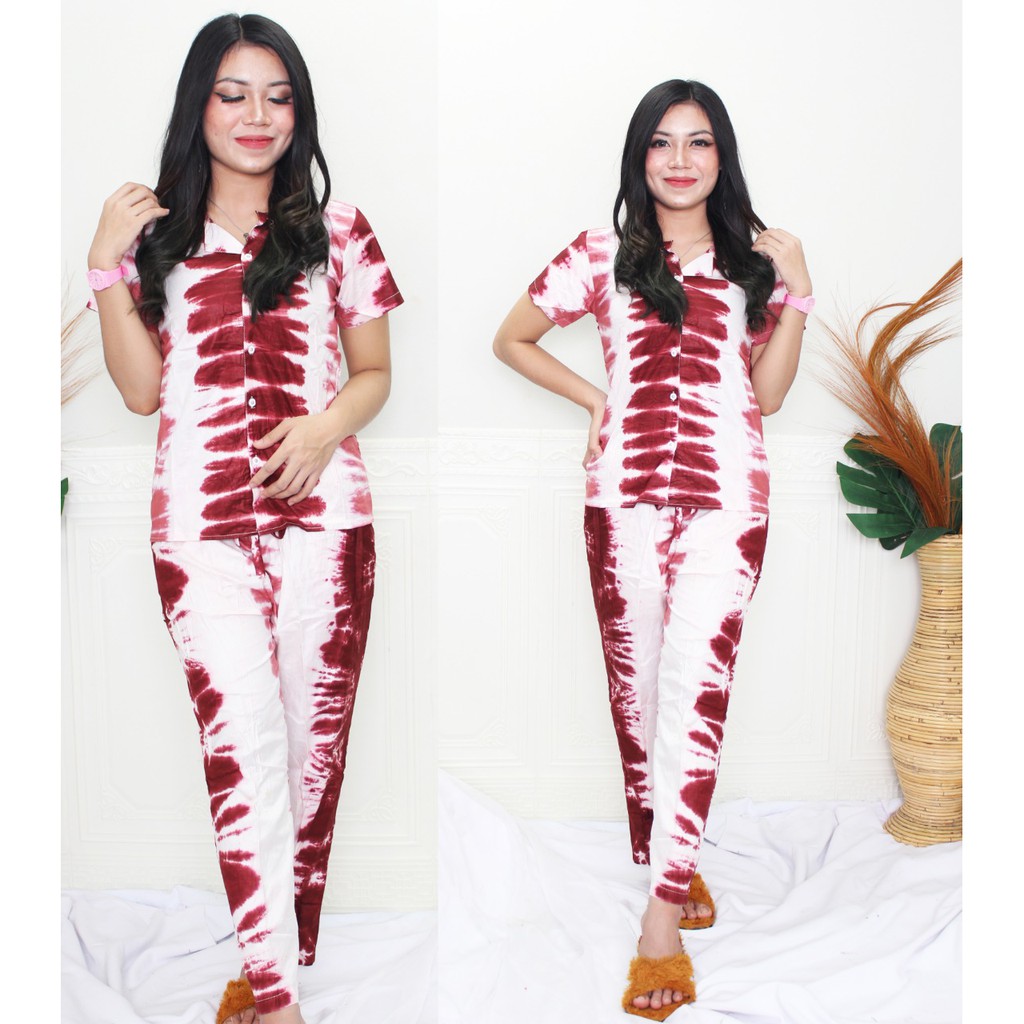 OKHISHOP - Piyama Baju Tidur Setelan Kemeja Lavia Lengan Pendek Tie-dye Tiedie Tiedye Tei dye die-5