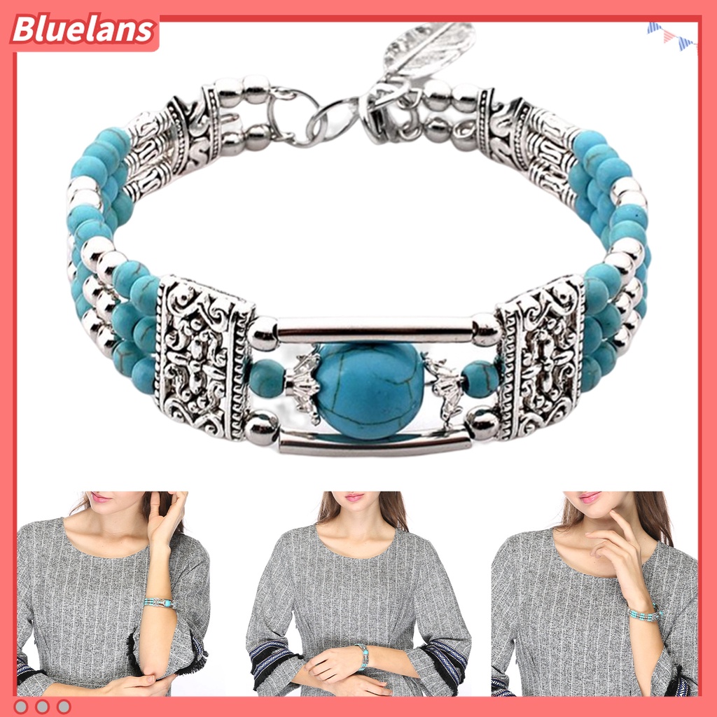 Gelang Tiga Lapis Gaya Etnik Bohemia Aksen Turquoise Imitasi Untuk Wanita