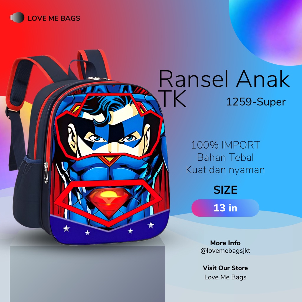 LMB Tas Anak Sekolah TK Laki Laki Import Bahan Nilon Kualitas Premium Bagian Depan Timbul 6D Karakter Superhero