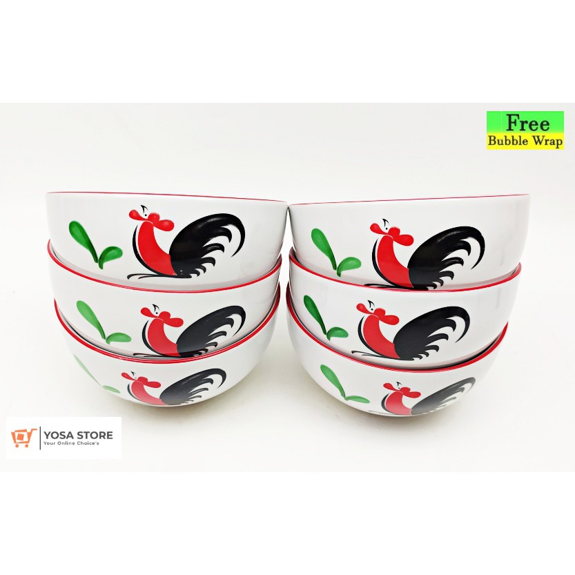 [Paket 6Pcs] Mangkok Keramik Motif Ayam Jago Siera Tebal Size 4 inch