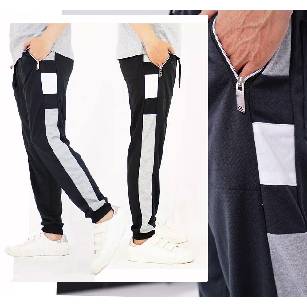 Celana Jogger Pria Hitam List Abu Erikc  - JCCollections