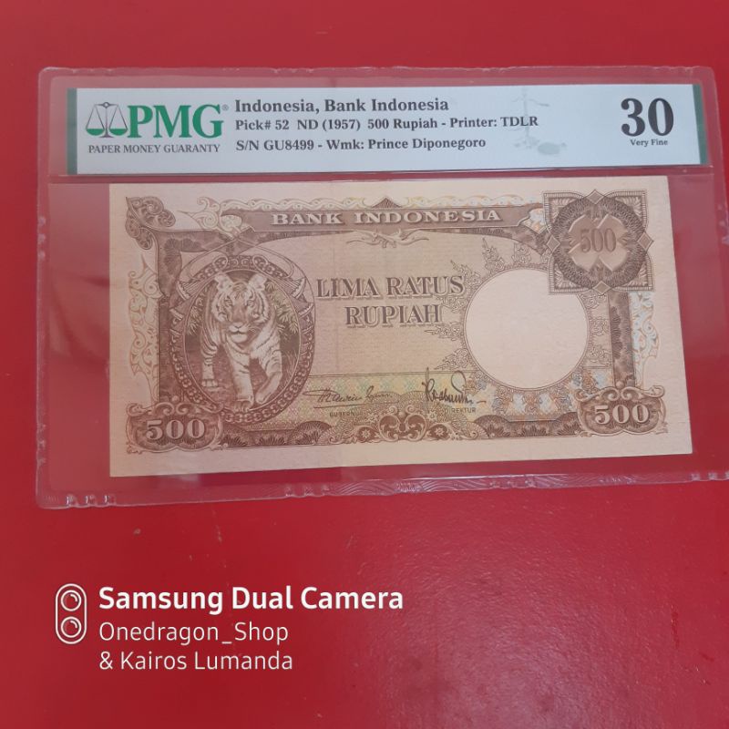 Uang Kertas Kuno 500 Rupiah Macan Tahun 1957 PMG 30