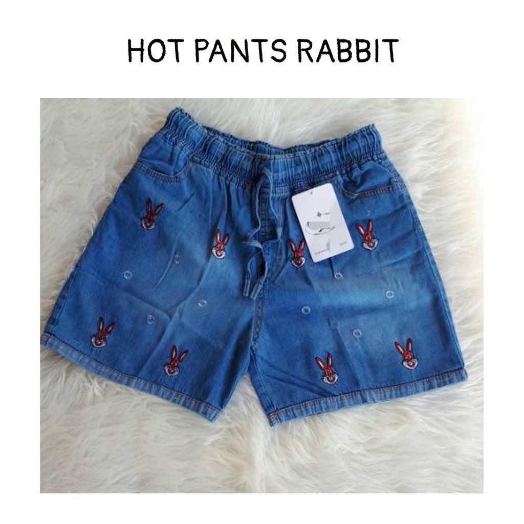 Celana Hotpants Jeans Kelinci / Rabbit Wanita. Hot Pant Jeans Pendek Motif Bordir Kelinci