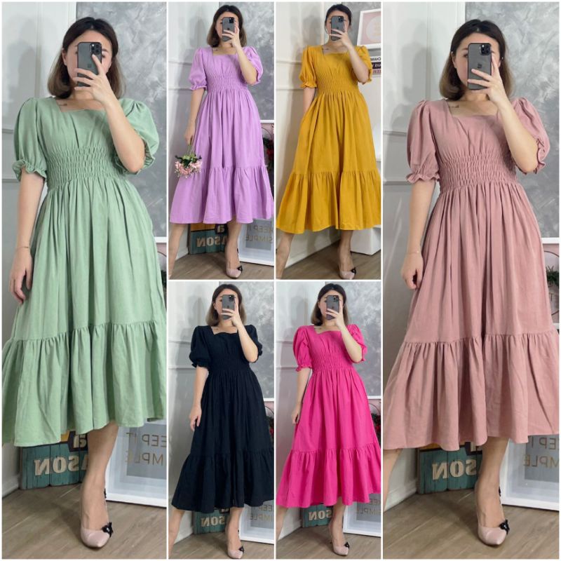 ⚡️ SALE ⚡️ PREMIUM ♡ ORIGINAL ! CLARINETTE SQUARE NECK SMOCKED WAIST RUBBER RUFFLE MIDI DRESS