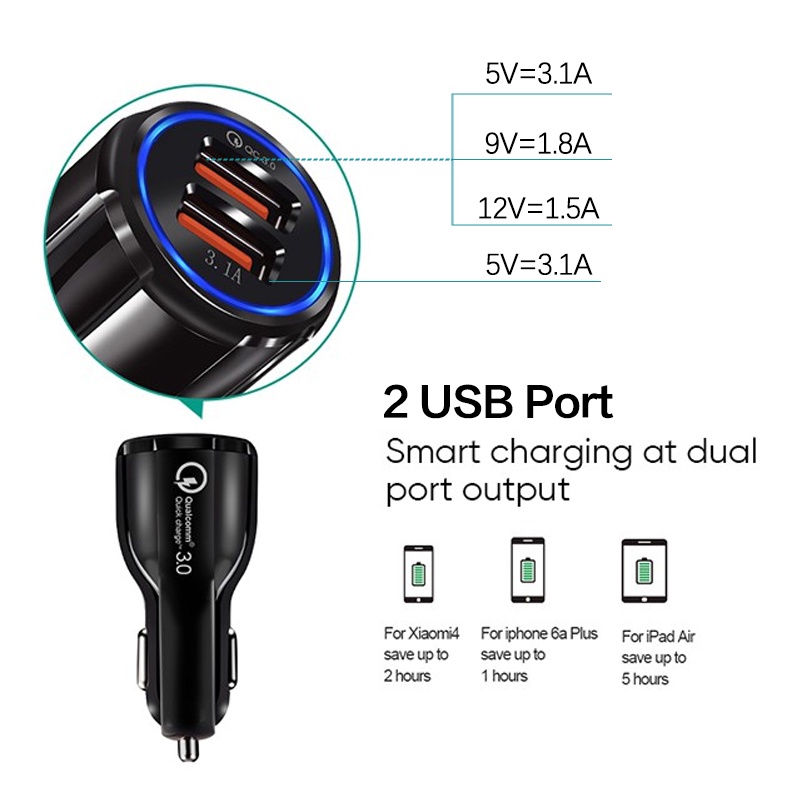 2 Port Charger Mobil Fast Charging Tahan Lama QC3.0 3.1A