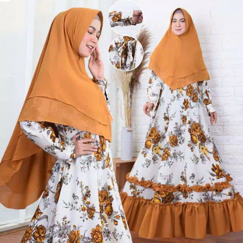 gamis syari monalisa premium mewah ld112 pb140 hight quality plus khimar ceruty syari rempel