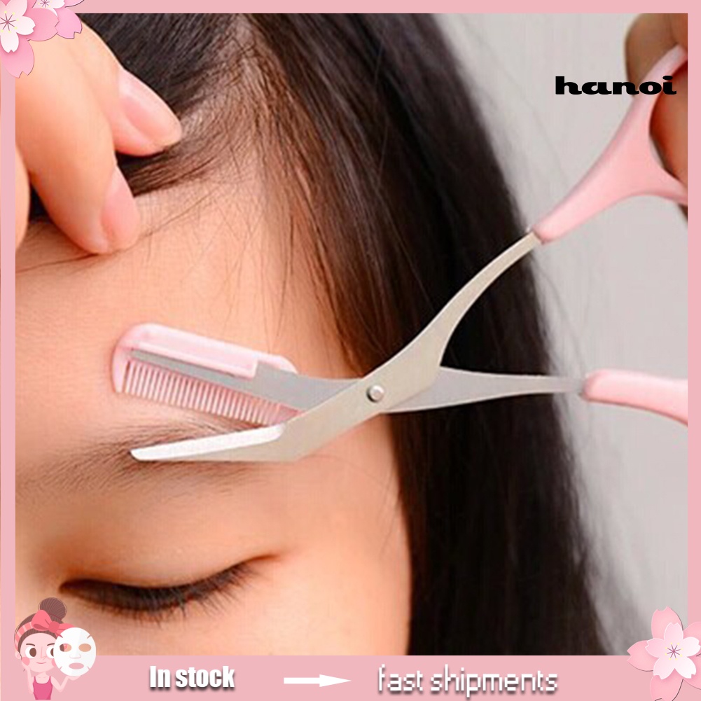 HQTM_Stainless Steel Eyebrow Trimmer Scissor with Comb Facial Hair Removal Shaver