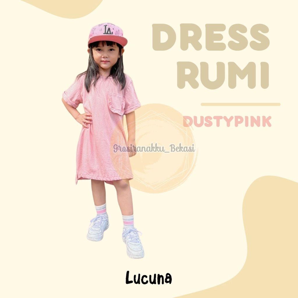 Dress Anak Oversize Lucuna Rumi Warna Dusty Pink Size 1-5thn