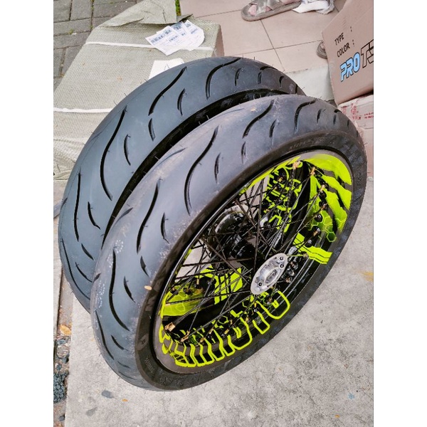 WHEELSET PAKET VELG SUPERMOTO SUPER MOTO KLX 150 CRF 150 CRF150 L WR155 WR 155 D-TRACKER MOTIF TULISAN SUPERMOTO PROTECH PLUS CUSTOM BAN MAXXIS ZENEOS SWALLOW