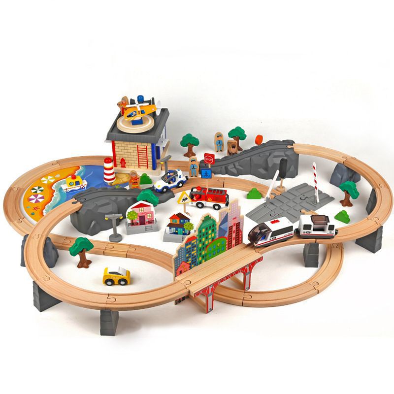 92 pcs wooden train track set electric / train railway track / mainan kereta kayu