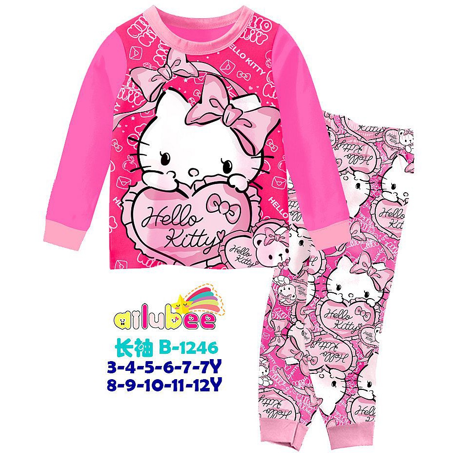 Kinds - Piyama anak perempuan impor Ailubee Hello Kitty usia 4-12 Tahun / Baju tidur anak