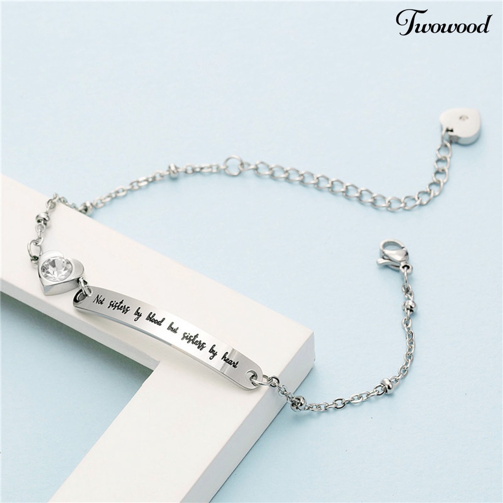 Twowood Letter Print Adjustable Women Bracelet Titanium Steel Curved Plate Heart-shaped Dangle Bracelet Jewelry Accessory