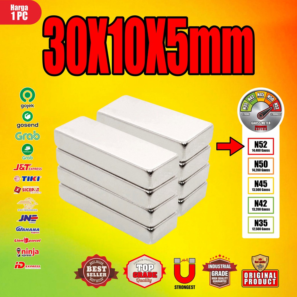 MAGNET NEODYMIUM SUPER STRONG PERSEGI PANJANG  30x10x5mm - 30 x 10 x 5mm N52