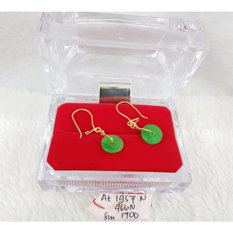 At1957N466N anting mata batu giok hijau bulat emas kuning asli berat 1.400 sama mata 1.700 kadar 70%