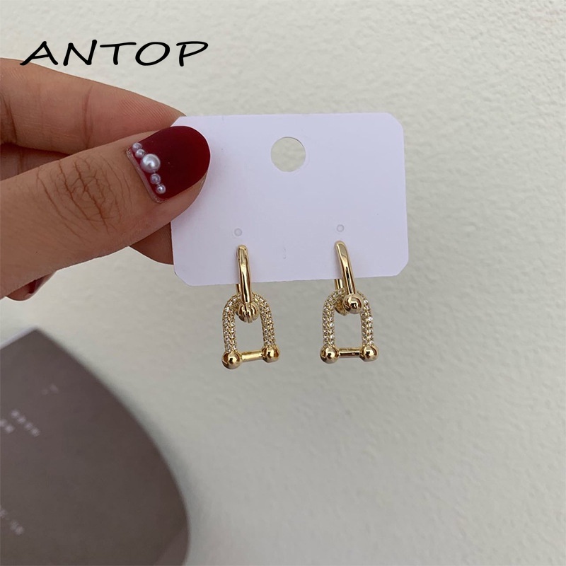 Fashion Bertatahkan Zirkon Berbentuk U Anting-Anting Emas Cincin Ganda Saling Geometris Dilepas Retro Telinga Stud Minoritas Perhiasan Untuk Wanita ANTOP