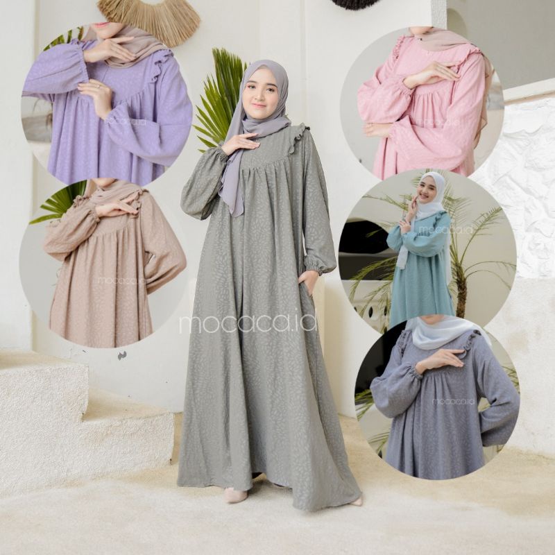 Dress Premium Lebaran maxi rok saku kanan busui friendly peach salem hijau abu pink biru baby blue sky cocok untuk hari raya bahan embos crincle premium