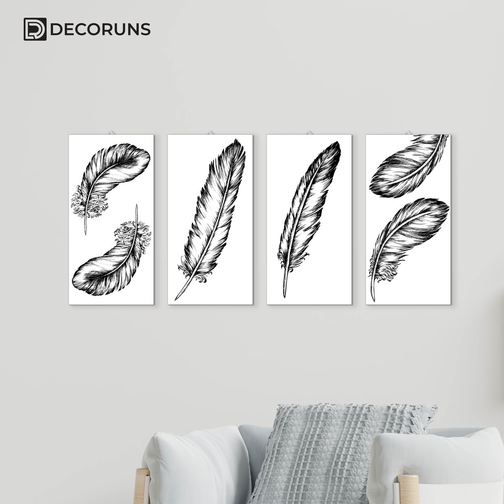 Decoruns Hiasan Dinding Kamar Dekorasi Rumah Pajangan Bulu Burung Minimalis Hitam Putih 15x30cm