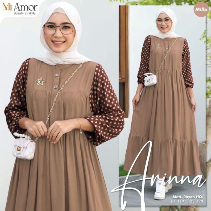 Arinna Midi Dress Matcha Motif Polos Kombinasi Tunik Gamis Abaya Terbaru Original by Mi Amor
