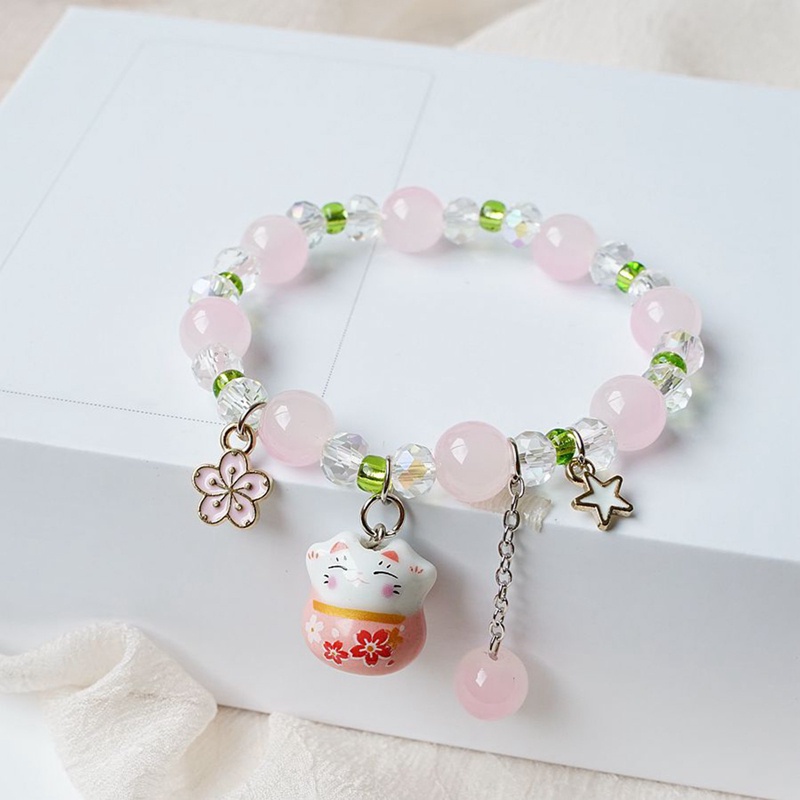 Gelang Manikmanik Batu Keramik Dengan Charm Kucing Keberuntungan Untuk Wanita