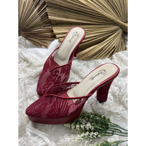 sepatu wedding rafaizoutfit yasmika merahmarron 10cm tahu