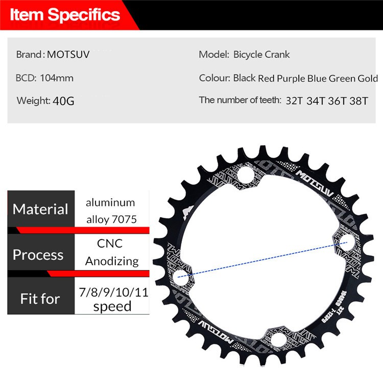 MOTSUV Gigi Crankset Sprocket Sepeda Aluminium 104mm 34T - BCD104 - Black