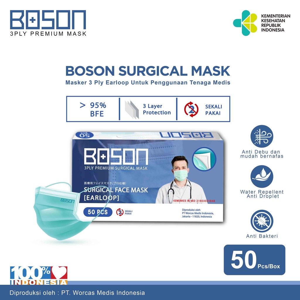 Jual BOSON Surgical Mask Earloop 3Ply Masker Medis Isi 50 Pcs ...