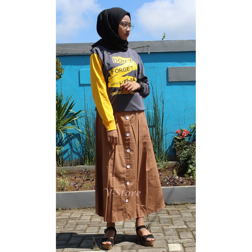 Rok Rempel Depan Rok Panjang Wanita Rok Katun / Rok Panjang Kancing Rok Modis Warna Hitam Mocca