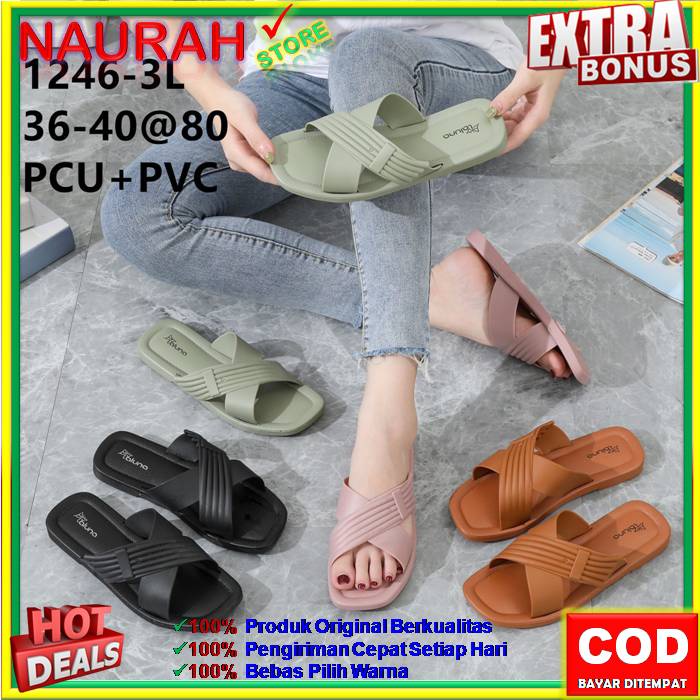 SENDAL SLOP LALUNA 1246 3L SANDAL SLOP WANITA MOTIF TALI SILANG SISI GARIS TIMBUL 100% ORIGINAL KUALITAS IMPORT JELLY RUBBER ANTI SLIP NYAMAN