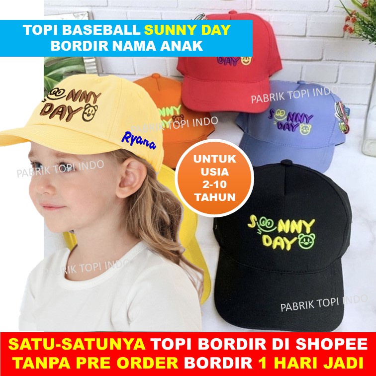 Topi Baseball Anak Bordir Sunny Day Laki Perempuan Imut Lucu Bordir Nama Anak Usia 2-10 Tahun