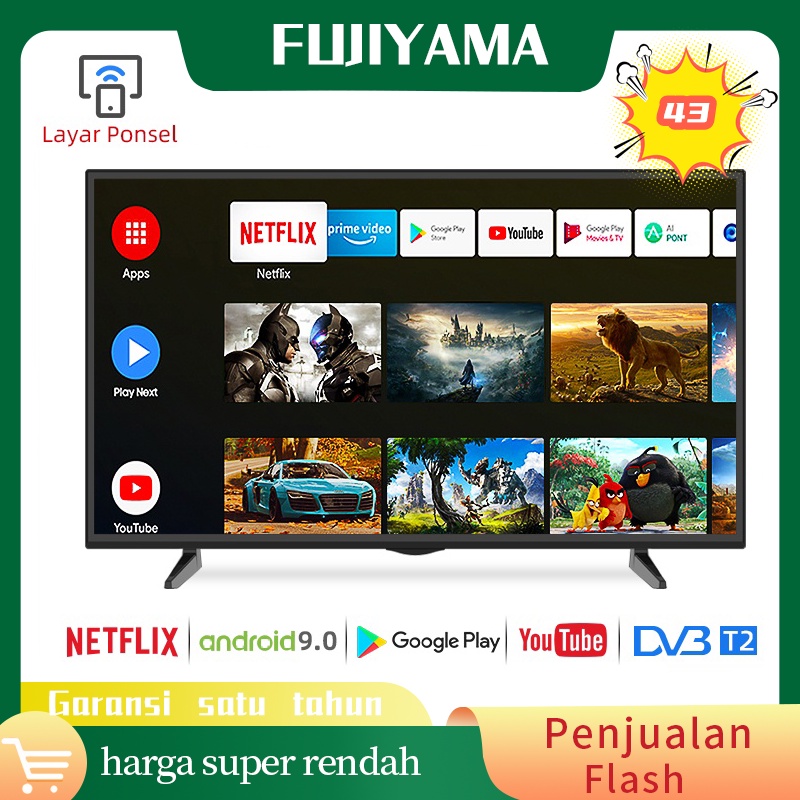 （Kupon Fans 10rb）*Smart TV*TV LED 43 INCH FHD TV  Android  TV NETFLIX/ANDROID 9.0/GOOGLE PLAY/YOU TUBE Murah TV  Murah Buat Monitor Pc Monitor Gaming Monitor Komputer