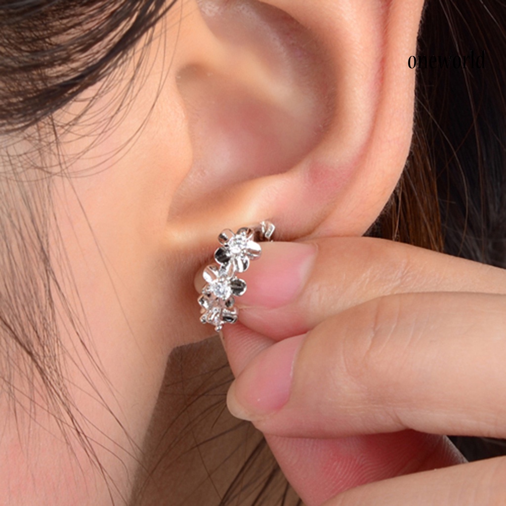 OW@ Women Shiny Rhinestone Flower Silver Plated Hoop Earrings Ear Clips for Party