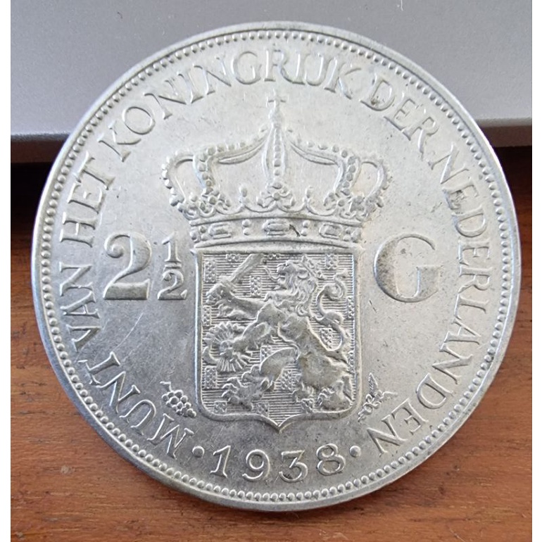 koin perak kuno 2 1/2 Gulden Wilhelmina th 1938 NH
