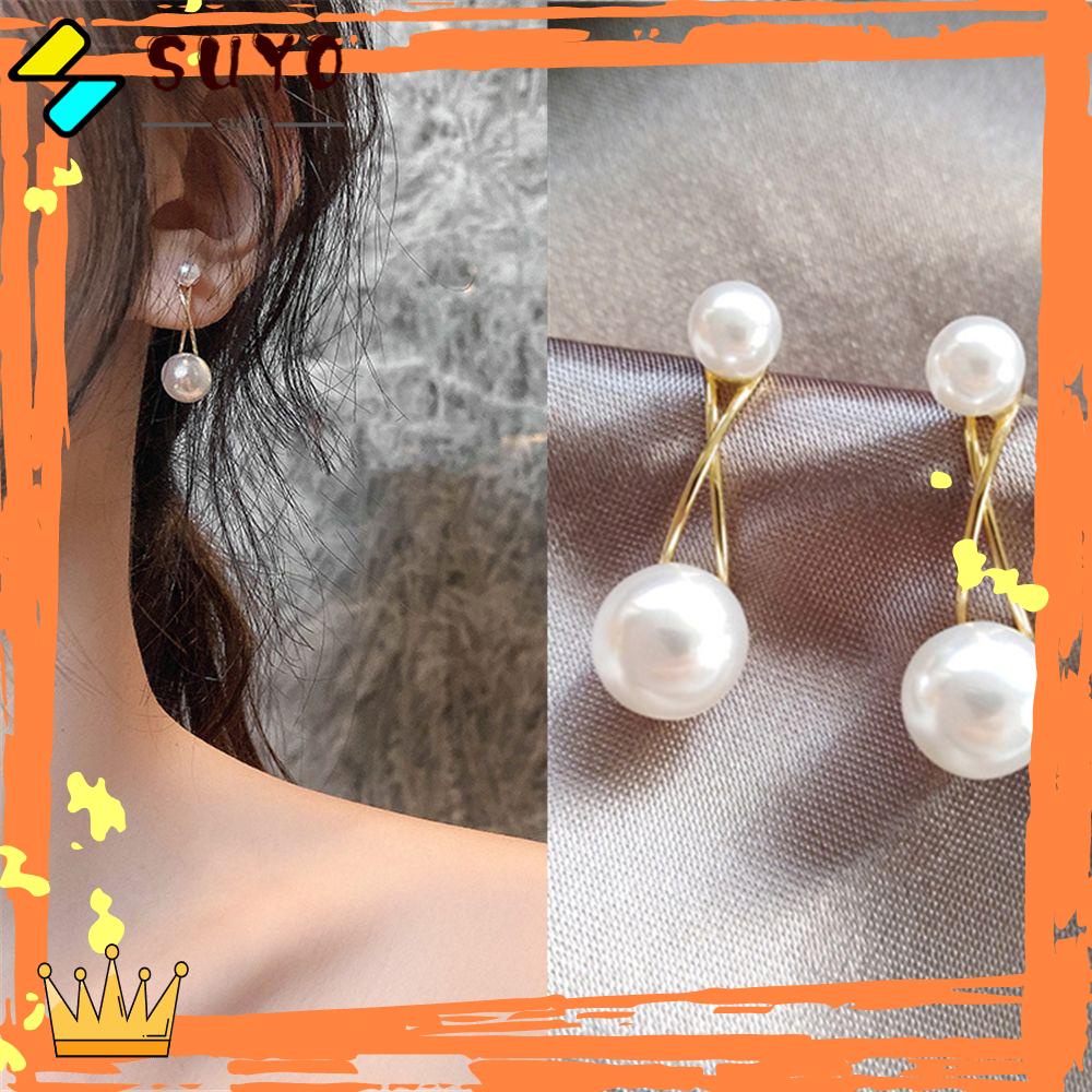 Suyou Anting Tusuk Gantung Lapis Silver Desain Geometri Hias Mutiara Imitasi Untuk Wanita