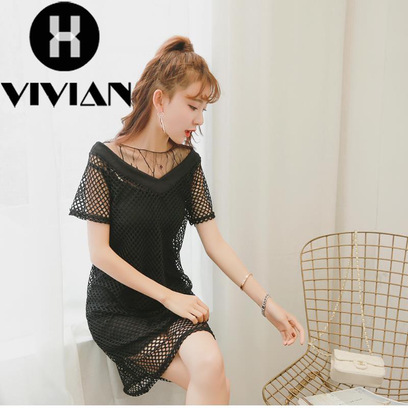 dress Model Stitching dengan Bahan Jaring Hiasan Renda dan Kerah V-Neck Bergaya Korea