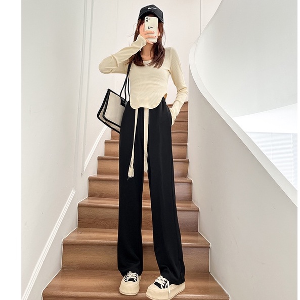 celana panjang wanita korea style baggy pants kasual highwaist celana hitam kulot panjang