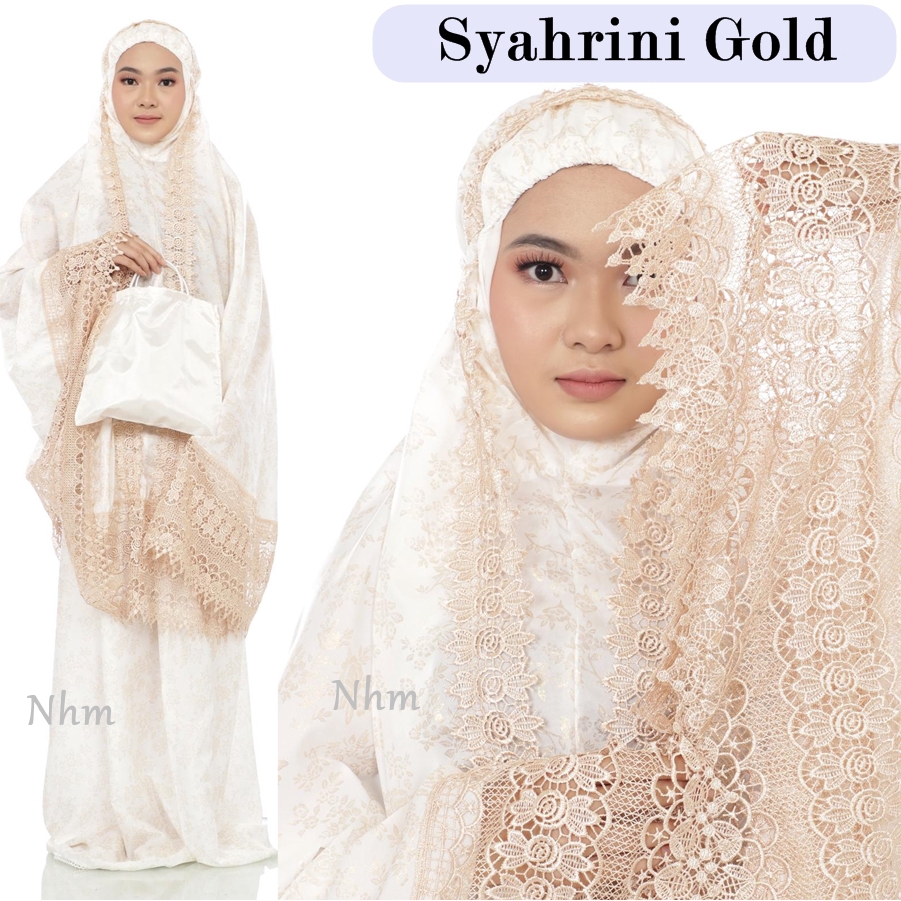 Mukena Dewasa Syahrini Gold Katun Foil, Mukena Velvet Renda Bordir