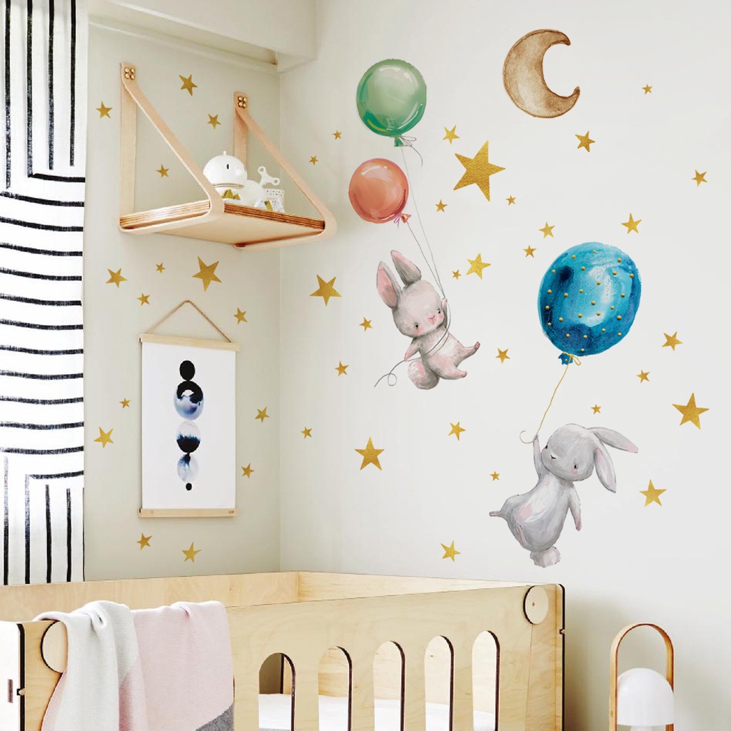 Stiker Dinding Motif Kelinci Balon Bintang Luminous Dapat Dilepas Tahan Air Untuk Dekorasi Kamar Tidur