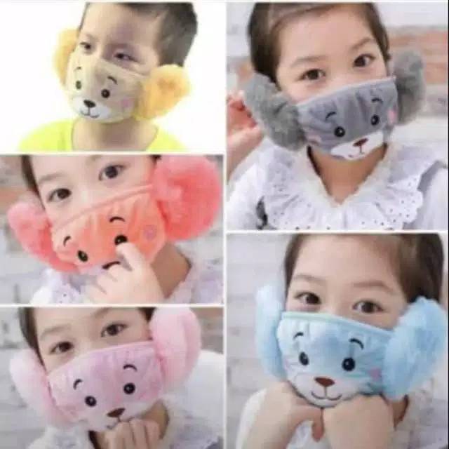 Masker Anak motif bulu di telinga lucu lucu